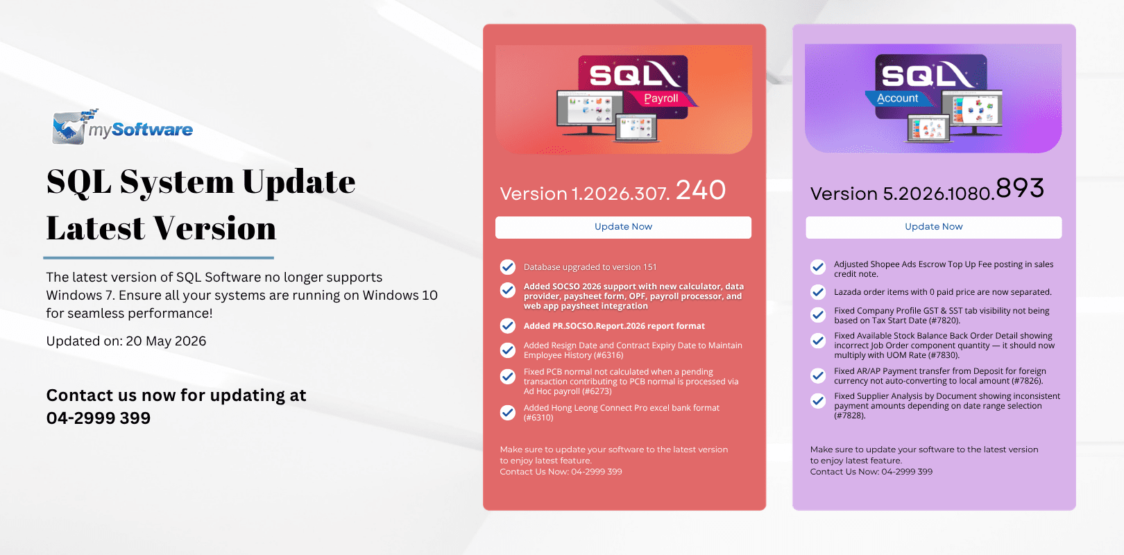 SQL Software version comparison table: SQL Payroll Ver 1.2025.274.220 and SQL Accounting Ver 5.2025.1024.868